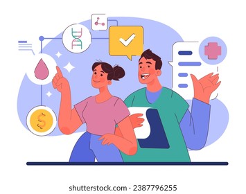 Humanizing healthcare. Modern physician approach on medical treatment, patient assistance, participation and engagement. Doctor ethical commitment and alliance. Flat vector illustration