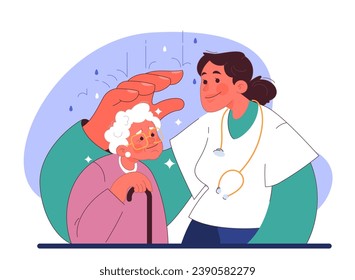 Humanizing healthcare. Modern physician approach on medical treatment and patient assistance. Doctor' empathy, ethical commitment and alliance. Flat vector illustration