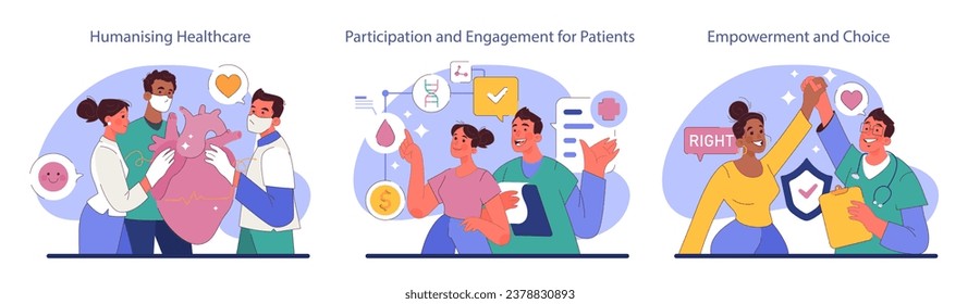 Humanizing healthcare set. Modern hospital and physician approach on medical treatment and patient assistance. Doctor ethical commitment and alliance. Flat vector illustration