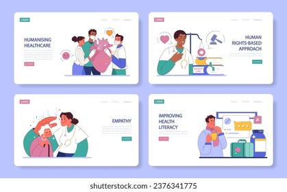 Humanizing healthcare web banner or landing page set. Modern hospital and physician approach on medical treatment and patient assistance. Doctor commitment and alliance. Flat vector illustration