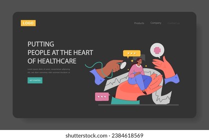 Humanizing healthcare web banner or landing page dark or night mode. Modern physician approach on medical treatment and patient assistance. Doctor commitment and alliance. Flat vector illustration