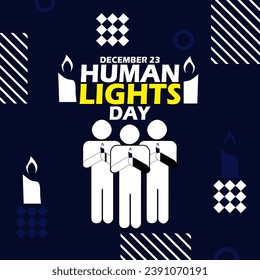 HumanLight Day event banner. icon of people carrying candles with bold text and elements on dark blue background to commemorate on December 23