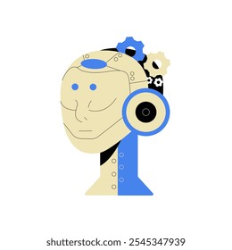 Cabeça De Robô De Inteligência Artificial Humana Com Engrenagens E Circuitos, Ilustração De Vetor Plano Simbolizando Inteligência Artificial, Robótica E Tecnologia, Isolada Em Fundo Branco.