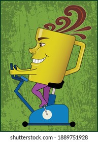 A human-like coffee cup working out on a cycle.