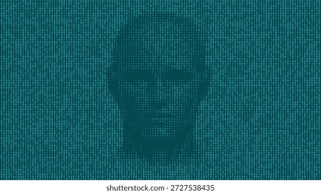 Rosto semelhante ao humano renderizado em tons e zeros de azul-petróleo formando uma silhueta de matriz suave