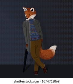 Human-like fox in clothes and with an umbrella