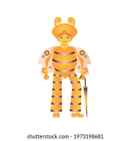 Human-like insect character in the form of a bee - fashionista with an umbrella. Vector illustration for banner, sticker, postcard, honey advertising. Flat design..