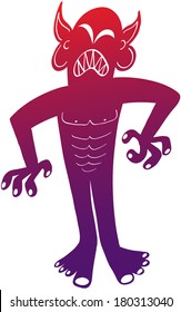 Human-like monster with no clothes, pointy ears and sharp teeth while clenching its eyes and teeth, stretching its body and folding its arms and fists to show annoyance, in a perturbing attitude