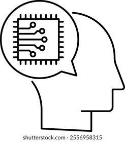 Human-Like Reasoning icon. A head with neural symbols depicting cognitive AI mimicking human thought. Ideal for AI and psychology themes. Simple Black outline