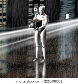 human-like robot and flower (illustration)