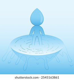 Human-like water droplet figure standing in ripples, symbolizing water as the essential lifesource and key to human survival. Concept for water conservation, sustainability, and life force symbolism.