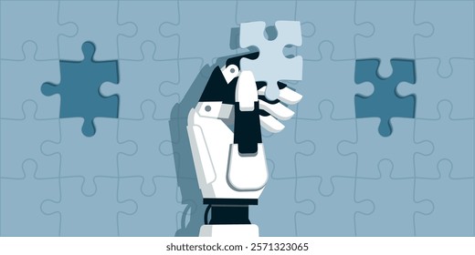 Humanoid AI robot completing a jigsaw puzzle: he is holding a piece and thinking, artificial intelligence and problem solving concept