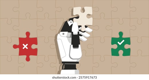 Humanoid AI robot completing a jigsaw puzzle: he is holding a piece and thinking, artificial intelligence and problem solving concept