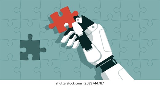 Humanoid AI robot completing a jigsaw puzzle: he is holding the wrong piece