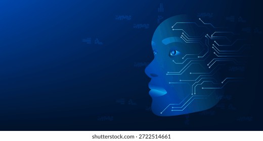 Cara humanoide del robot de la IA con los circuitos integrados de la Tecnología, humano como el robot, innovación avanzada de la IA, red del cerebro de Digitaces, fondo futurista de la Tecnología, robótica e inteligencia de la máquina