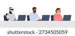 Humanoid AI robot and people sitting at the office desk and working with computers