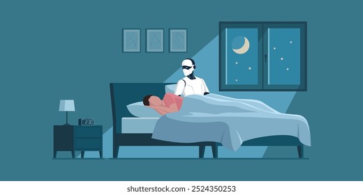 Humanoid AI robot sleeping in bed next to a woman, technology and relationships concept