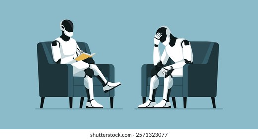 Humanoid AI robots talking together in a psychotherapy session, artificial psychology concept