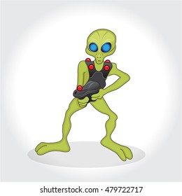 Humanoid, an alien character. Alien mascot with weapon. Humanoid playing lasertag. Vector illustration