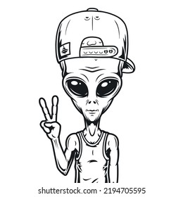 Humanoid alien element monochrome vintage guest of planet earth Martian in baseball cap who arrived on UFO vector illustration