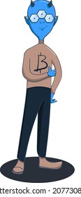 A humanoid alien monster shows a like with the bitcoin logo on the sweater. A successful blue monster miner.