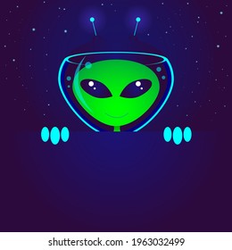 Humanoid alien realistic, banner with copy space. World UFO Day. Vector stock illustration. 