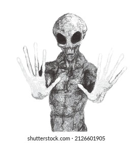 Humanoid alien shows stop gesture with hands. Close up. Vector illustration. Doodle sketch. Isolated on white. 