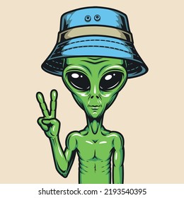 Humanoide Alien-Sketch Vintage bunt grüner, friedliebender Martian in Panama zeigt Symbol der Freundschaft der galaktischen Zivilisationen Vektorgrafik