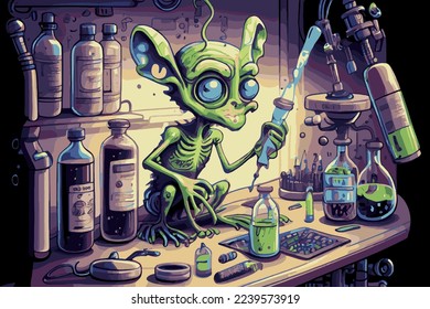 Humanoid alien working in research laboratory, vector illustration