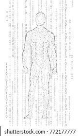 Humanoid android man standing cyberspace binary code. Robot artificial intelligence low poly polygonal human body fitness shape. Mind internet network vector abstract gray white illustration