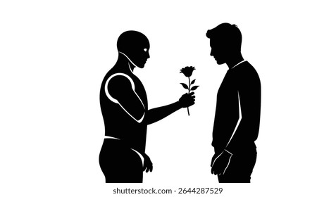 Um androide humanoide oferecendo uma flor a um human.jpg	Humanoid Android Oferta Flor para Conexão Empatia Humana	Um androide humanoide sofisticado estende uma flor delicada a um humano, simbolizando deve