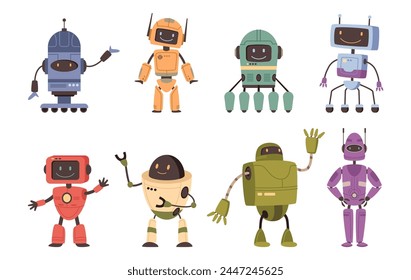 Humanoid or android robot personage with smiling facial expression and waving hands. Vector isolated set of fiction characters for game, AI helpers and assistants, artificial intelligence help