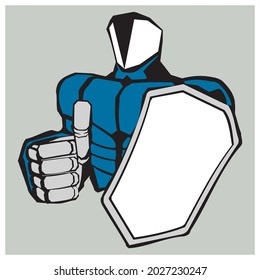 Humanoid Android Wearing Blue colored Armor and White Shield Giving Thumb