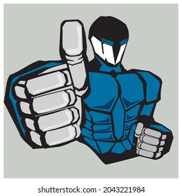 Humanoid Android Wearing Blue colored Armor  Giving Thumb