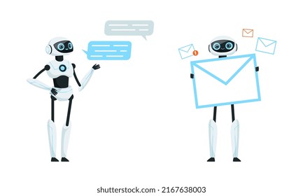 Humanoid androids set. Robot and artificial intelligence cartoon vector illustration