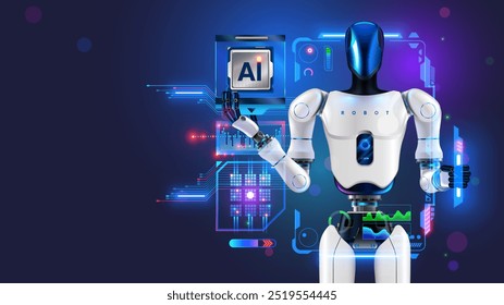 Robô antropomórfico humanoide com IA ou inteligência artificial trabalha com interface virtual. Robô ou ciborgue mantém na mão chip eletrônico AI ou CPU. Inteligência artificial de fábrica industrial.