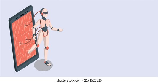 Humanoid Artificial Intelligence, isometric AI robot on mobile phone screen, chatbot app. Isometric Artificial Intelligence. marketing. AI and business IOT concept. Dialog help service.