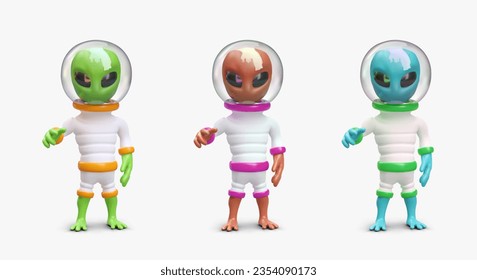 Humanoid in astronaut suit with transparent helmet. Representative of alien civilization. Set of aliens in different colors. Isolated icons on white background. Detailed images for web design