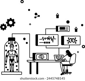 humanoid bioreactor concept, tissue engineering culture strategies mechanical cues vector icon design, robotic science symbol, special purpose machine sign, Humanoid robot stock illustration