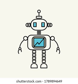 Humanoid biped robot standing. Front view. Isolated on white background. Outline thin line flat style illustration. 