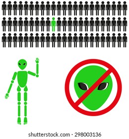 humanoid characters and pattern with green men, alien greeting - set