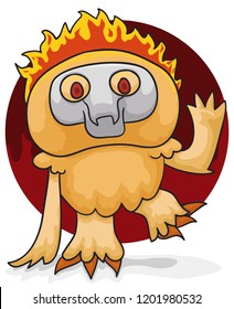 Humanoid creature of hot lands with long arms and fire for hair, saluting at you.