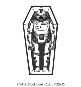 Humanoid dead robot in coffin sketch engraving vector illustration. Scratch board style imitation. Black and white hand drawn image.