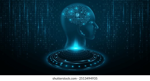 Humanoid face hologram from HUD circle. AI brain with CPU chip and glowing circuit board. Decaying binary code. Artificial intelligence analyzes big data. Vector illustration. EPS 10.