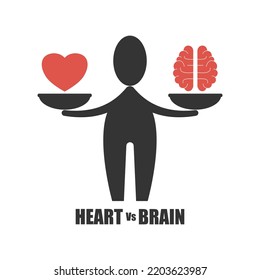 Figura humanoide que representa el equilibrio que sostiene el corazón y el cerebro. Equilibrio entre el concepto de corazón y cerebro. Ilustración de estilo plano. Aislado. 