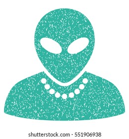 Humanoid grainy textured icon for overlay watermark stamps. Flat symbol with dirty texture. Dotted vector cyan ink rubber seal stamp with grunge design on a white background.