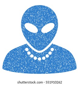 Humanoid grainy textured icon for overlay watermark stamps. Flat symbol with dust texture. Dotted vector cobalt ink rubber seal stamp with grunge design on a white background.