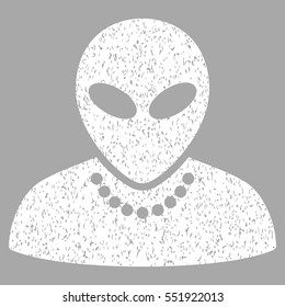 Humanoid grainy textured icon for overlay watermark stamps. Flat symbol with dirty texture. Dotted vector white ink rubber seal stamp with grunge design on a silver background.