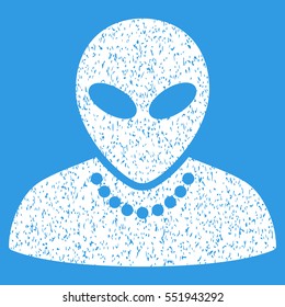 Humanoid grainy textured icon for overlay watermark stamps. Flat symbol with dirty texture. Dotted vector white ink rubber seal stamp with grunge design on a blue background.