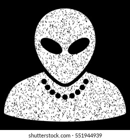 Humanoid grainy textured icon for overlay watermark stamps. Flat symbol with scratched texture. Dotted vector white ink rubber seal stamp with grunge design on a black background.